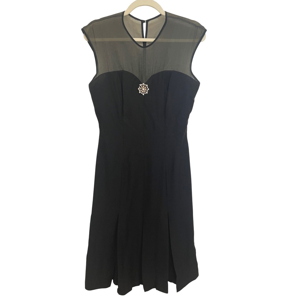 Vintage Cocktail Dress 60s Sheer Mesh Yoke Pleated Skirt‎ Brooch Small